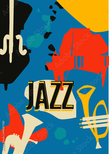 Musical promotional poster with musical instruments colorful vector illustration. Violoncello, piano, euphonium and trumpet for live concert events, jazz music festivals and shows, party flyer