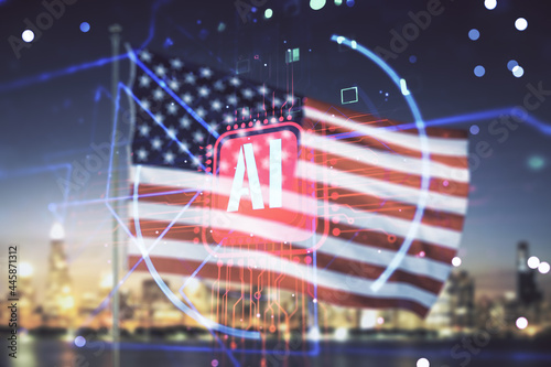 Creative artificial Intelligence symbol hologram on US flag and skyline background. Double exposure