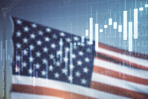 Double exposure of virtual creative financial diagram on US flag and blue sky background, banking and accounting concept