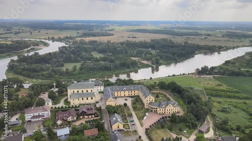 Top view of the city of Drohiczyn on the Bug River.Over the river rises the castle mounain.from the bird's eye view over the city you can see the monastery buildings-Jesuits,Frannciscans,Benedictine  photo