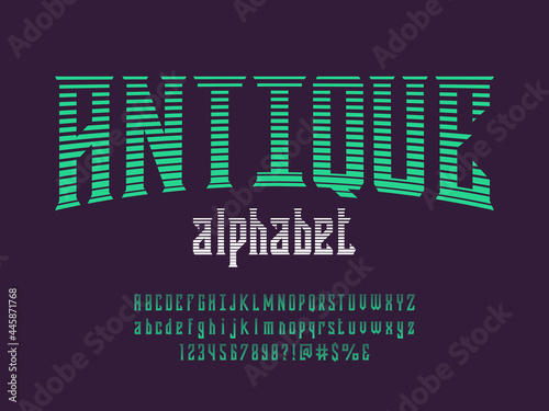 Vintage label style alphabet design with uppercase, lowercase, numbers and symbols