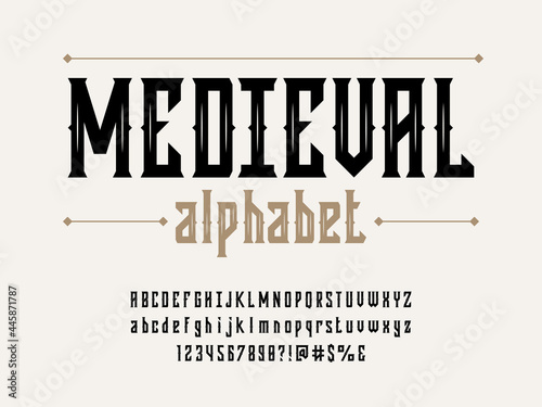 Gothic medieval style alphabet design with uppercase, lowercase, numbers and symbols