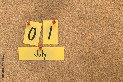 3d rendering of important days concept. July 1st. Day 1 of month. The date written on yellow papers is pinned to the cork board. Summer month, day of the year. Remind you an important event.