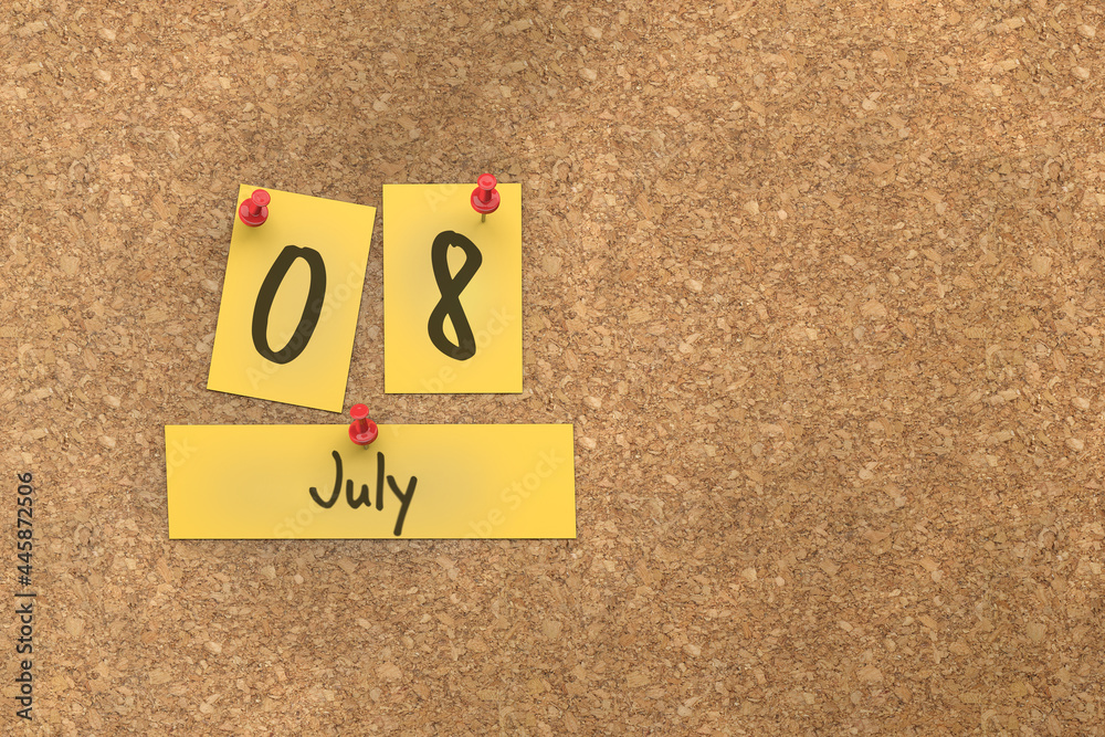 3d rendering of important days concept. July 8th. Day 8 of month. The date written on yellow papers is pinned to the cork board. Summer month, day of the year. Remind you an important event. 3d rendering of important days concept. July 8th. Day 8 of month. The date written on yellow papers is pinned to the cork board. Summer month, day of the year. Remind you an important event.