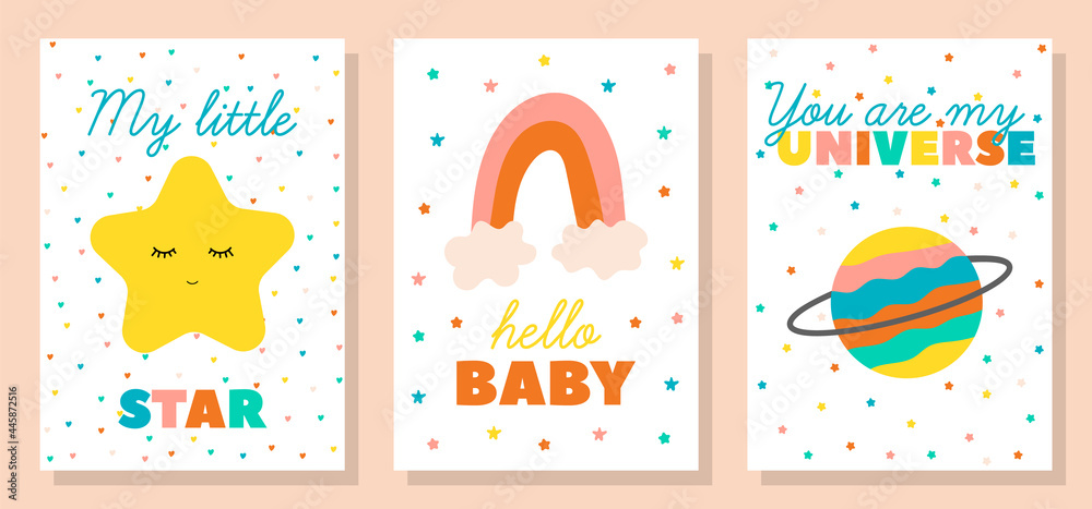 Baby scandinavian style greeting cards set. Template for 10 cm x 15 cm postcard. Hand-drawn star, rainbow and planet