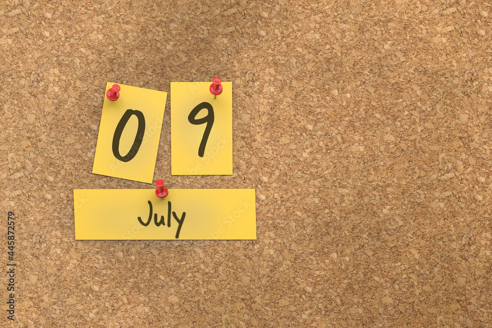 3d rendering of important days concept. July 9th. Day 9 of month. The date written on yellow papers is pinned to the cork board. Summer month, day of the year. Remind you an important event. 3d rendering of important days concept. July 9th. Day 9 of month. The date written on yellow papers is pinned to the cork board. Summer month, day of the year. Remind you an important event.