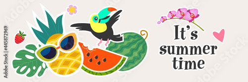 It's summer time. Vector bright colorful illustration. Horizontal banner.