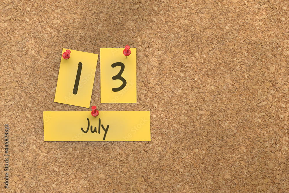 3d rendering of important days concept. July 13th. Day 13 of month. The date written on yellow papers is pinned to the cork board. Summer month, day of the year. Remind you an important event. 3d rendering of important days concept. July 13th. Day 13 of month. The date written on yellow papers is pinned to the cork board. Summer month, day of the year. Remind you an important event.