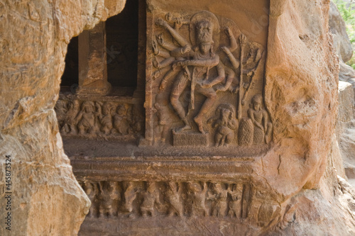 Closeup shot of a dancing Nataraja at the entrance of Cave I, Badami, Karnataka, India photo