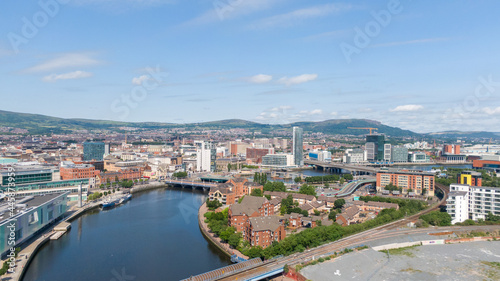 Aerial view on river and buildings in City center of Belfast Northern Ireland. Drone photo, high angle view of town © Maciej