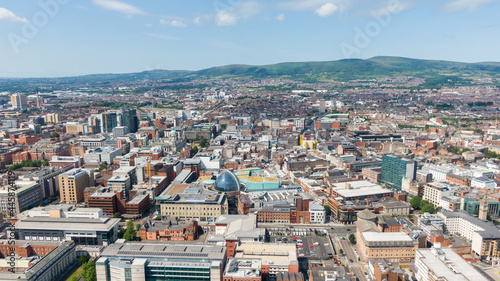 Aerial view on river and buildings in City center of Belfast Northern Ireland. Drone photo, high angle view of town