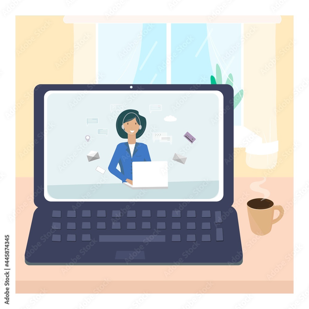 Online, a virtual assistant in an application on a computer, laptop at home. The concept of remote communication of a consultant providing support via video communication. For a website, page, layout, Online, a virtual assistant in an application on a computer, laptop at home. The concept of remote communication of a consultant providing support via video communication. For a website, page, layout,