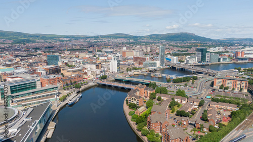 Aerial view on river and buildings in City center of Belfast Northern Ireland. Drone photo  high angle view of town