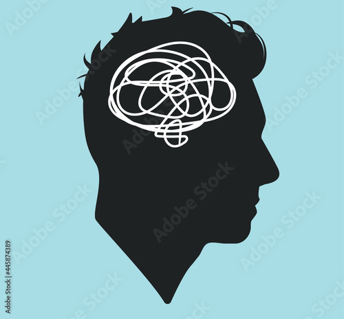 Silhouette of a male head. Icon. Stylish guy. Flat illustration of face. Head icon. Silhouette of a guy. Man avatar. Intrapersonal conflict. Depression. Entanglement. Psychology