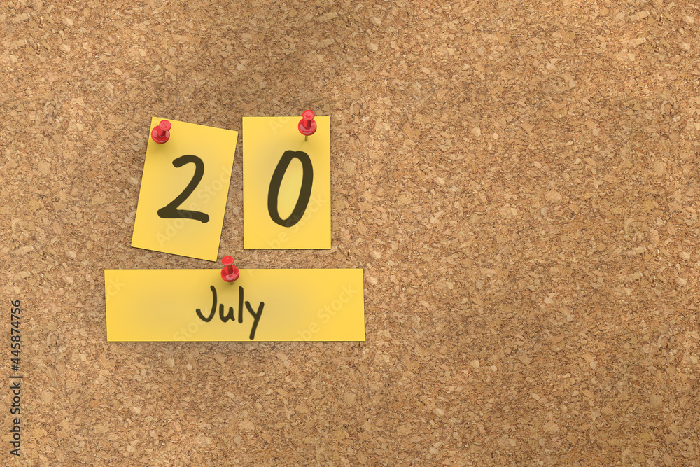 3d rendering of important days concept. July 20th. Day 20 of month. The date written on yellow papers is pinned to the cork board. Summer month, day of the year. Remind you an important event. 3d rendering of important days concept. July 20th. Day 20 of month. The date written on yellow papers is pinned to the cork board. Summer month, day of the year. Remind you an important event.