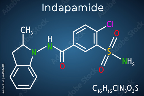 Indapamide molecule. It is thiazide-like diuretic, hypertension drug. Structural chemical formula on the dark blue background