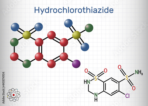 Hydrochlorothiazide, HCTZ, HCT molecule. It is thiazide diuretic, used to treat edema and hypertension. Structural chemical formula and molecule model. Sheet of paper in a cage