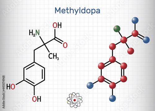 Methyldopa molecule. Antihypertensive, antihypertensive, sympatholytic agent. It is an analog of DOPA. Structural chemical formula and molecule model. Sheet of paper in a cage