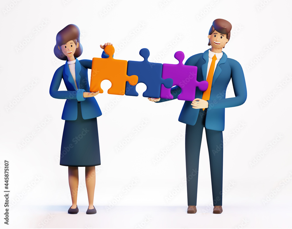 Obraz premium Happy business people working with puzzle pieces. 3D rendering illustration.