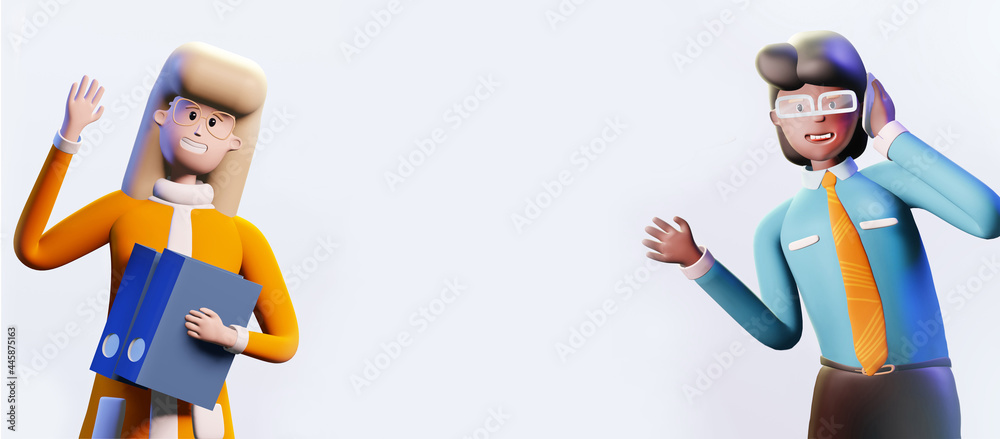 Happy business people waving hands and talking with phone. Background with space for text. 3D rendering illustration. Happy business people waving hands and talking with phone. Background with space for text. 3D rendering illustration.