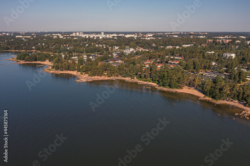 Finland Espoo. July 14, 2021. Photo from a drone on a sunny morning of the coastal part of the beach in the Gulf of Finland. Scandinavian nature