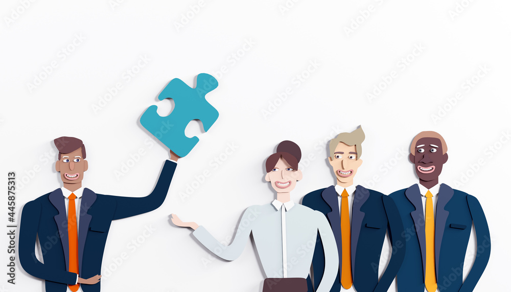 Background with business people made of paper. Business people with puzzle pieces. Paper cut design, 3D rendering illustration Background with business people made of paper. Business people with puzzle pieces. Paper cut design, 3D rendering illustration