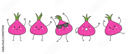 Character cartoon onion dancing happy emotions set icon logo vector illustration.
