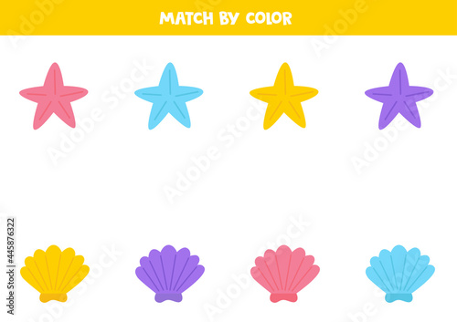 Color matching game for preschool kids. Match sea stars and shells.