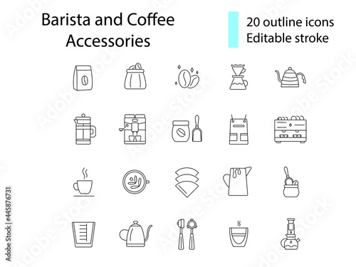 Coffee shop equipments outline icons set. Barista making appliance. Editable stroke. Isolated vector illustration