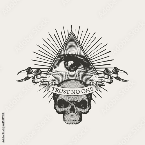 Vector banner with Masonic symbol All-seeing eye of God and a sinister human skull. Black-white illustration in retro style with eye of Providence in a triangle pyramid and inscription Trust no one