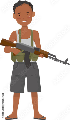 Child soldiers weeping with guns, SDGs, unworthy labor