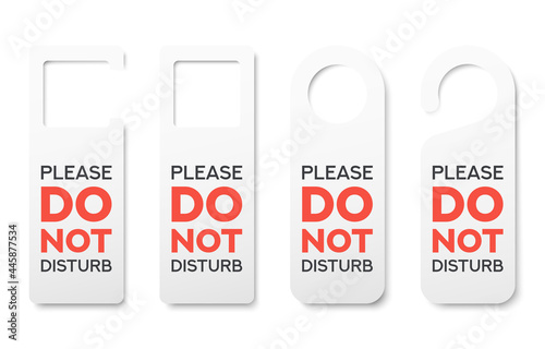 Set of different realistic private door tag. Plastic paper door handle lock hangers. Do Not Disturb. Template design for room in hotel, hostel, resort, home. Vector illustration