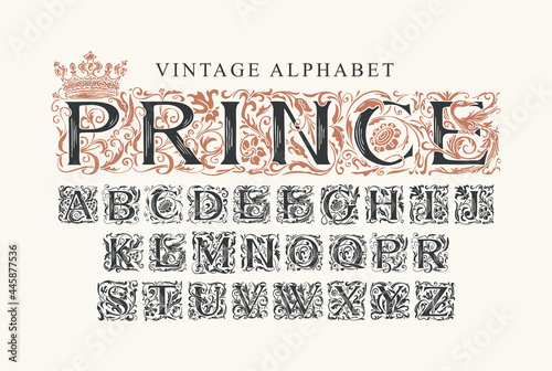 The word PRINCE. Luxury design of Beautiful ornate font for card, invitation, monogram, label, logo. Vintage royal Alphabet, vector set of hand-drawn initial alphabet letters on a light background photo