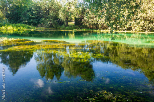 On the banks of the river Tirino. Clear  transparent water. A beautiful landscape in the province of L Aquila in Abruzzo