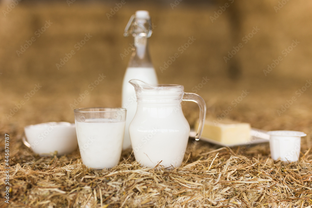 dairy products on table against the background of hay dairy products on table against the background of hay