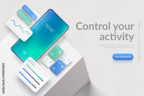 Banner with realistic mobile phone on cube podium and fitness app interface elements. Fitness dashboards with charts, diagrams and web elements of workout application for mobile
