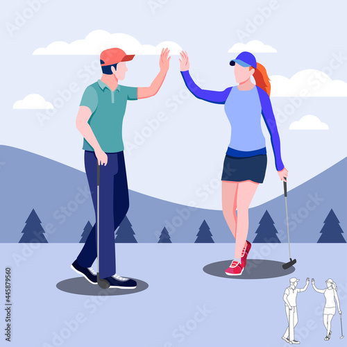 man and women Golfers shaking hands at golf course with golf clubs on green grass, cartoon, silhouettes, bundle vector illustration. character in different position.