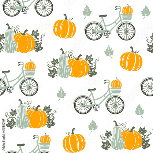 Thanksgiving seamless pattern. Bicycle and pumpkins on a white background. Happy Thanksgiving vector pattern. Harvest season. Fall pattern. Autumn design for fabric, paper, cover, interior decor.