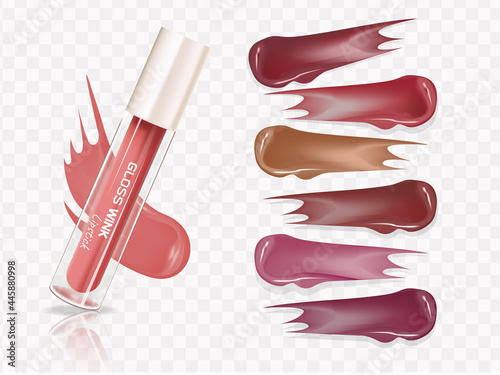 Lip gloss product collection, attractive color smear on the geometric background in 3d illustration