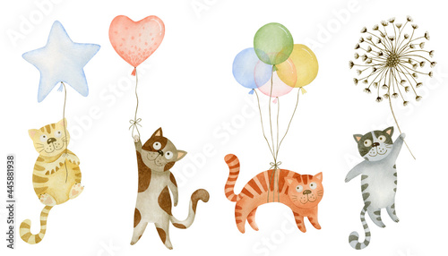 Watercolor set of cats on balloons.