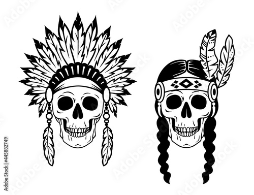 Couple of indian skulls. Male and female skulls in tribal style. Native American vector illustration. Print for posters, card, tshirt for Halloween or The day of the Dead. Silhouette design.