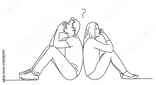 Young man and woman sitting with back to each other and thinking