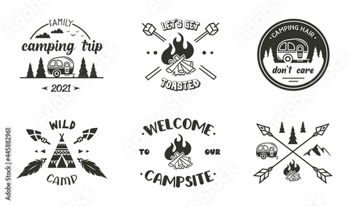 Camping emblem designs. Vector adventure symbols with quotes. Travel badges and lables. Outdoors vector phrases. silhouette camping sign.