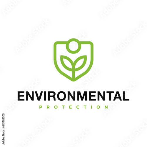 Environmental Protection logo design, Shield with Plant or leaf symbol for Re-Greening Conservation Green Environment Protect Nature or Ecosystem logo design