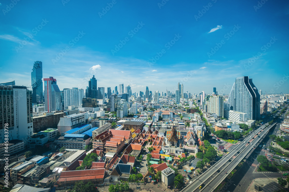 Fototapeta premium Bangkok Cityscape view with beautiful scenery blue sky and cloud in the day time.Bangkok is the capital and most populous city of Thailand.