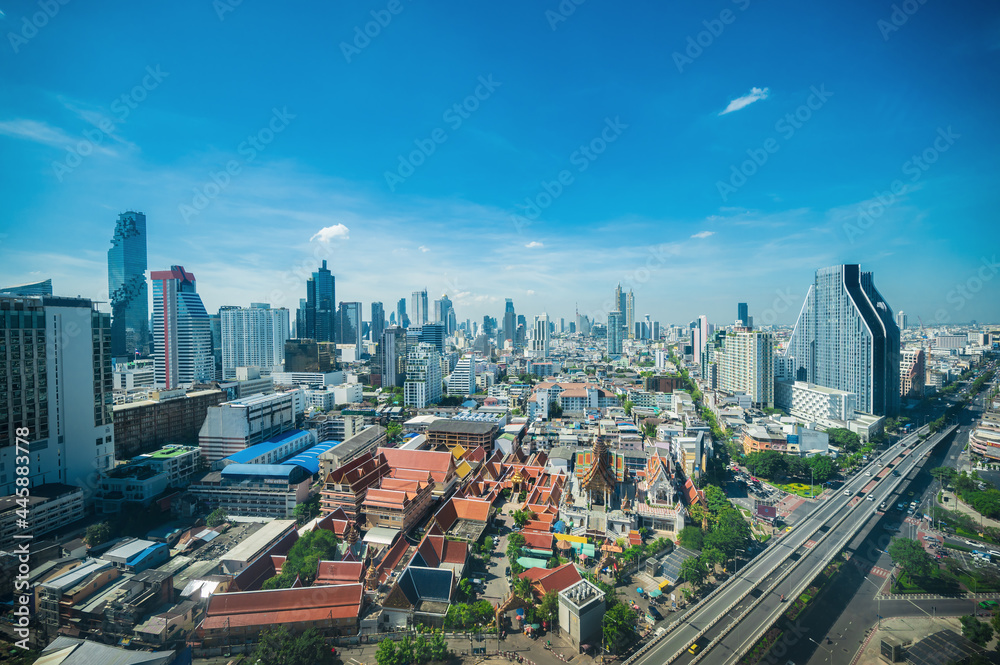 Bangkok Cityscape view with beautiful scenery blue sky and cloud in the day time.Bangkok is the capital and most populous city of Thailand.