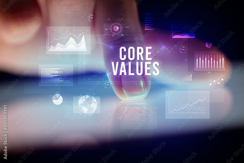 Finger touching tablet with business graphs and icons concept Finger touching tablet with business graphs and icons concept