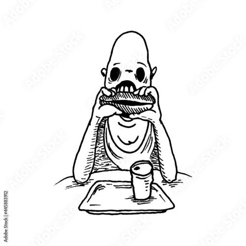 Etched vector illustration. Modern art work. Hand drawn ink sketch of bald man eating fast food Burger or hot dog. Creep horror character depicts human vice of gluttony and junk food.
