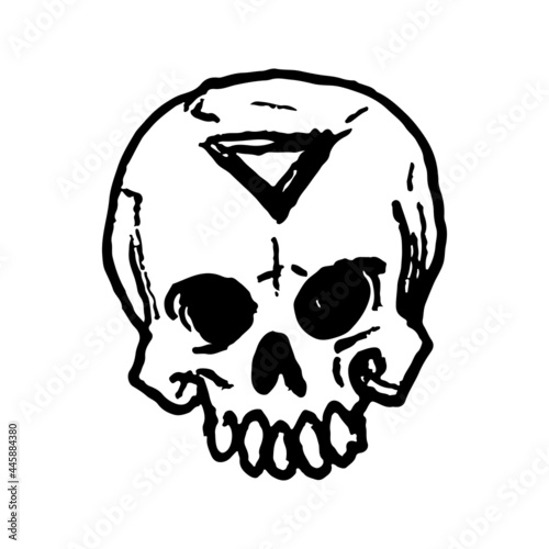 Etched vector illustration. Street art work. Hand drawn ink sketch of scary human skull with triangle emblem in forehead and big teeth in jaw. Death and occult symbol. Anatomical element.