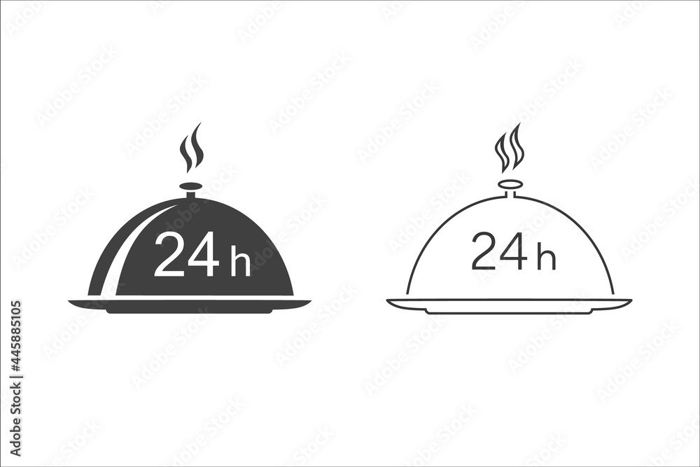 24 h Food delivery. Dish cap, meal cover or tray server and a hand with 24 h black isolated vector icon set 24 h Food delivery. Dish cap, meal cover or tray server and a hand with 24 h black isolated vector icon set